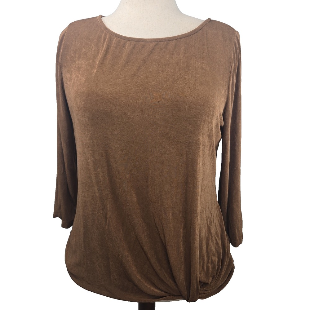 Travelers By Chico's Size 2  12/14 Ribbed 3/4 Sleeve Shirred-Front Top - Brown